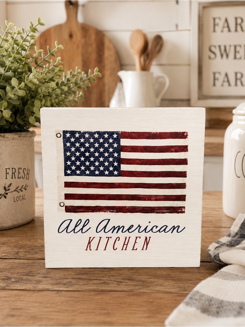 NEW All American Kitchen Patriotic Wood Shelf Sitter Sign 5.5” Farmhouse Decor